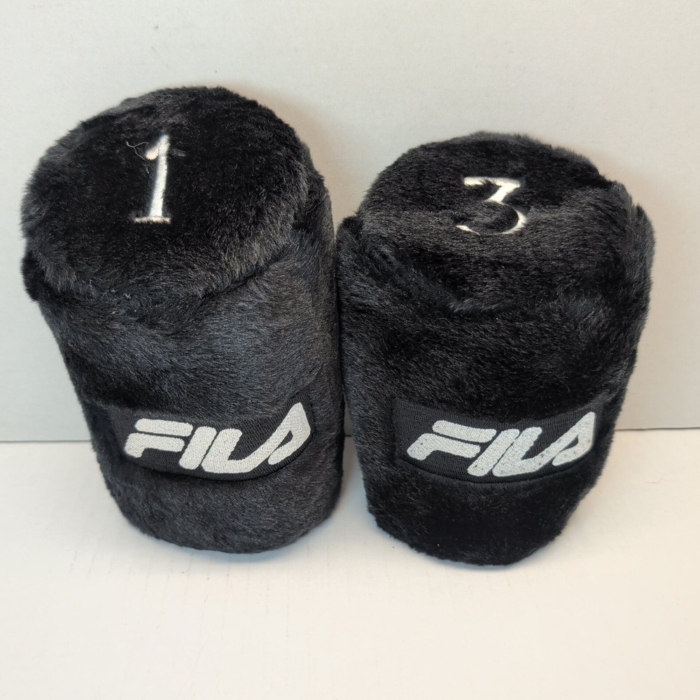 Fila Long Neck Golf Club Headcovers Set of 2 Black Faux Fur Knit Sock 1 & 3